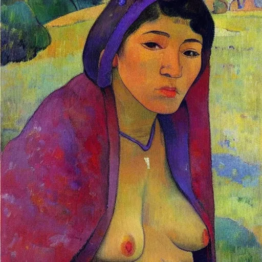 Prompt: very attractive and sensuous central asian woman realistic, full body, natural style by paul gauguin