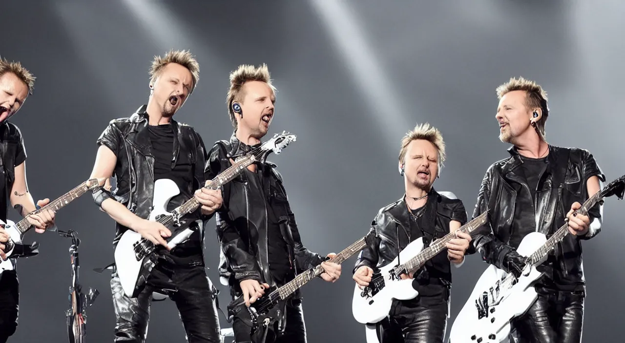 Image similar to matt bellamy from muse and james hetfield from mettalica playing on stage together, 2 0 1 5 live music video