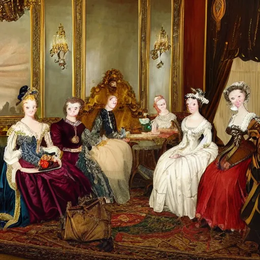 Prompt: a social gathering with major noblewomen wearing extravagant dresses, reclining on feather pillows, sipping tea and gossiping while eating lemon cakes.