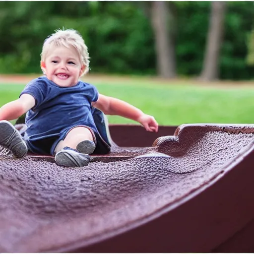 Prompt: adult sliding down chocolate pudding slide legs first, professional photo taken at the park