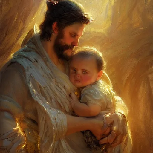 Prompt: the great father of the family, he is high up in his starry cloak, hugging his beautiful frail wife, with a little glowing baby in her arms. highly detailed painting by gaston bussiere, craig mullins, j. c. leyendecker 8 k