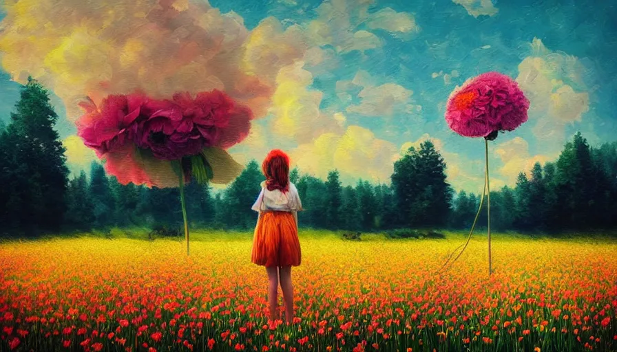 Image similar to girl with a giant flower head, surreal photography, dream, standing in flower field, hills, big trees, sunrise dramatic light, impressionist painting, colorful clouds, digital painting, pointillism, artstation, simon stalenhag, flower face