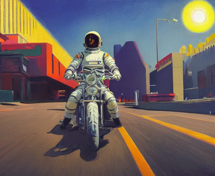 Image similar to a very detailed painting of a astronaut wearing a suit, riding a motorbike down a street, harley davidson motorbike, worm's - eye view, very fine brush strokes, very aesthetic, very futuristic, in the style of edward hopper and grant wood and syd mead, 4 k,