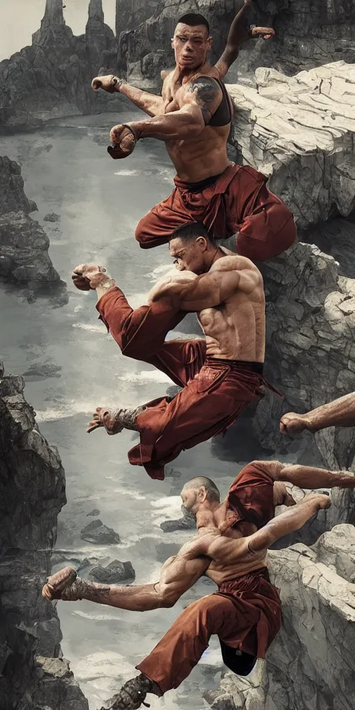 Prompt: a beautiful illustration of a young jean claude van damme, intricate, shaolin fight, arab city, houses, sharp focus, illustration, highly detailed, digital painting, concept art, matte, art by wlop and artgerm and greg rutkowski and alphonse mucha, masterpiece