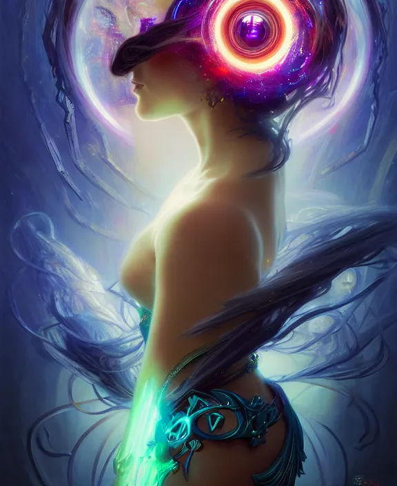 Image similar to a whirlwind of souls rushing inside the metaverse, half body, glowin eyes, tiara with sapphire, pharaoh, android, cyberpunk, d & d, fantasy, intricate, elegant, highly detailed, colorful, vivid color, digital painting, artstation, concept art, art by artgerm and greg rutkowski and alphonse mucha and ruan jia