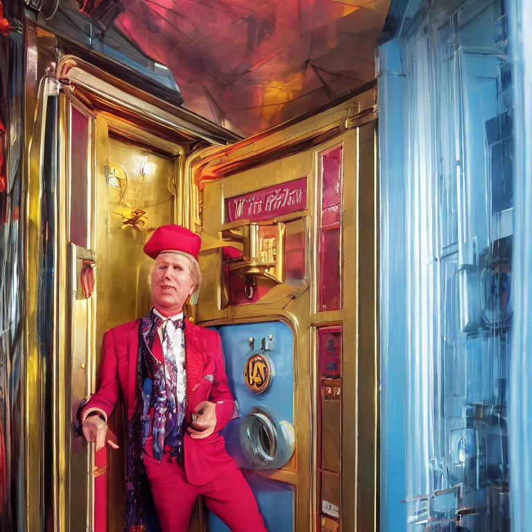 Image similar to professional octane render portrait by wayne barlow and carlo crivelli and glenn fabry, a flamboyant man in a bright colorful saturated wes anderson elevator operator costume inside a dark and moody vintage elevator in a high - end exotic vintage boutique hotel, very short depth of field, bokeh