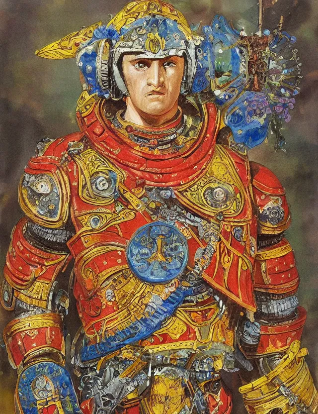 Prompt: colourful painting of dvemer centurion, intricate armour, mechanical liquid, flowers, by masanori warugai