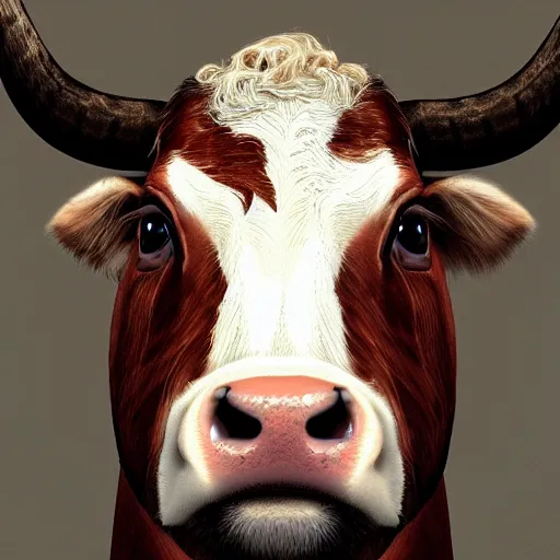 Prompt: portrait of a man - faced cow, hyper detailed, 3 / 4 shot, digital art, trending in artstation, cinematic lighting, studio quality, smooth render, unreal engine 5 rendered, octane rendered, art style by klimt and nixeu and ian sprigger and wlop and krenz cushart