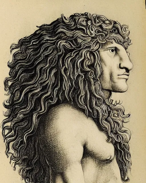 Prompt: human - eagle - lion - ox portrait. drawn by da vinci