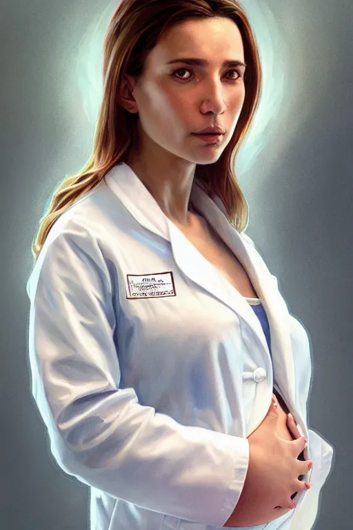 Image similar to anthony fauci!, pregnant in a white lab coat, realistic portrait, symmetrical, highly detailed, digital painting, artstation, concept art, smooth, sharp focus, illustration, cinematic lighting, art by artgerm and greg rutkowski and alphonse mucha