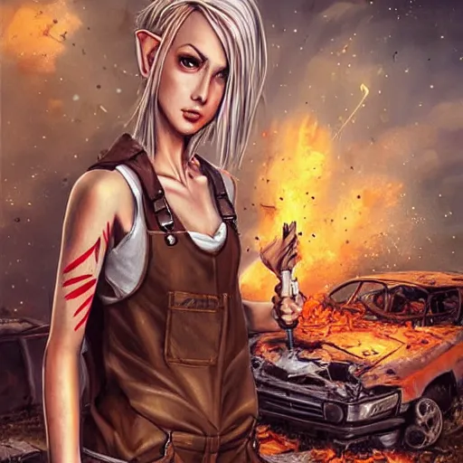 Image similar to a skinny elf with spiky blonde hair wearing dark brown overalls and holding dynamite standing next to a destroyed car, painting by artgerm