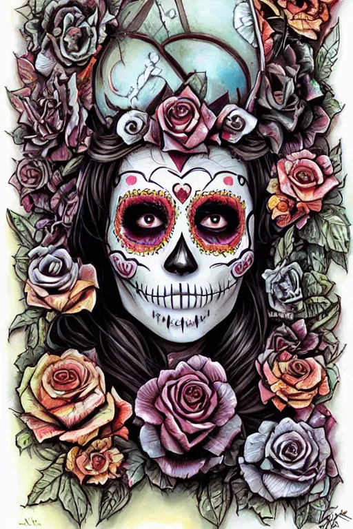 Image similar to illustration of a sugar skull day of the dead girl, art by jesper ejsing