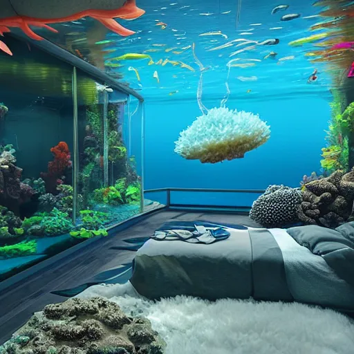 Image similar to the realistic photo of the modern room as aquarium with a big jellyfish and corals, under the ocean, realistic colors, realistic shadows, daylight made in blender, hd, 3 d by beeple and damian hirst