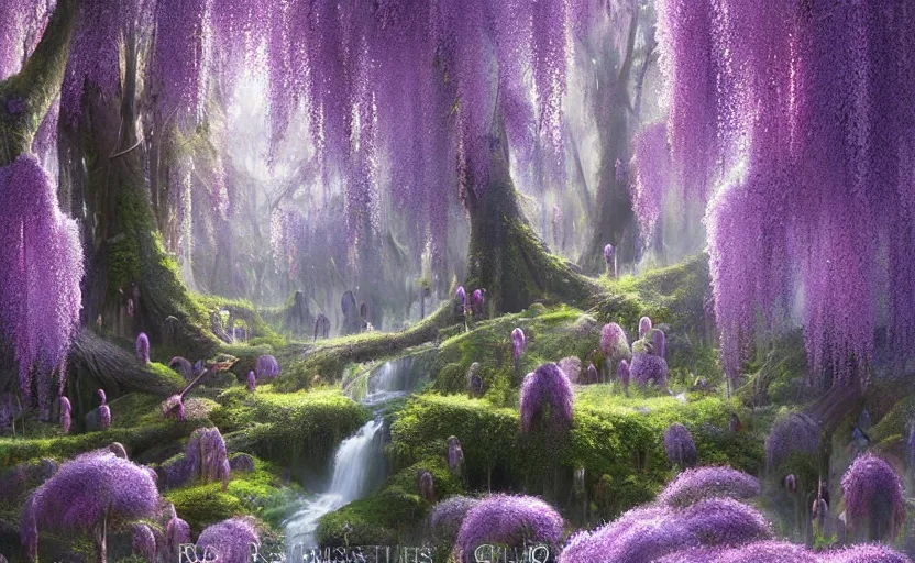 Prompt: a dense forest of willow trees and colorful purple and pink wisteria flowers, thick mossy ground, small waterfall, fantasy digital painting, stunning intricate details, artwork by ross tran and greg rutkowski