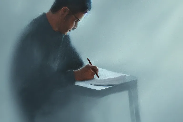 Image similar to a painting of a lonely man writing in a large leather notebook in a foggy room by jama jurabaev, cinematic shot, trending on artstation, high quality, ultra realistic, blue color theme