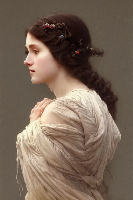 Image similar to Portrait of beautiful pale peasant girl, cinematic lighting, intricate, elegant, highly detailed, digital painting, artstation, smooth, sharp focus, illustration, art by artgerm and greg rutkowski and alphonse mucha and Wayne Barlowe and william-adolphe bouguereau