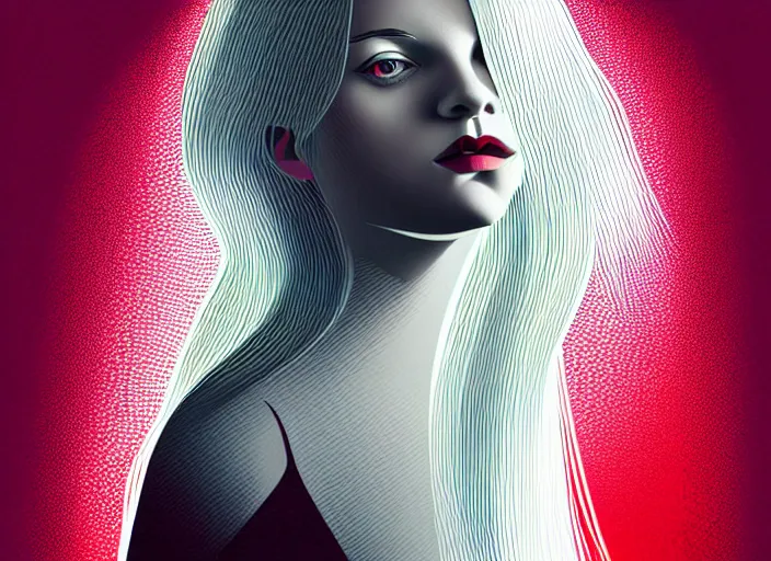 Prompt: editorial illustration by Mads Berg andKarolis Strautniekas ,portrait of a young girl flowing white hair, colorful,modern art deco,, stippled light, fine texture, editorial illustration, dramatic lighting, dynamic composition, detailed, matte print, dynamic perspective, cinematic, film noir