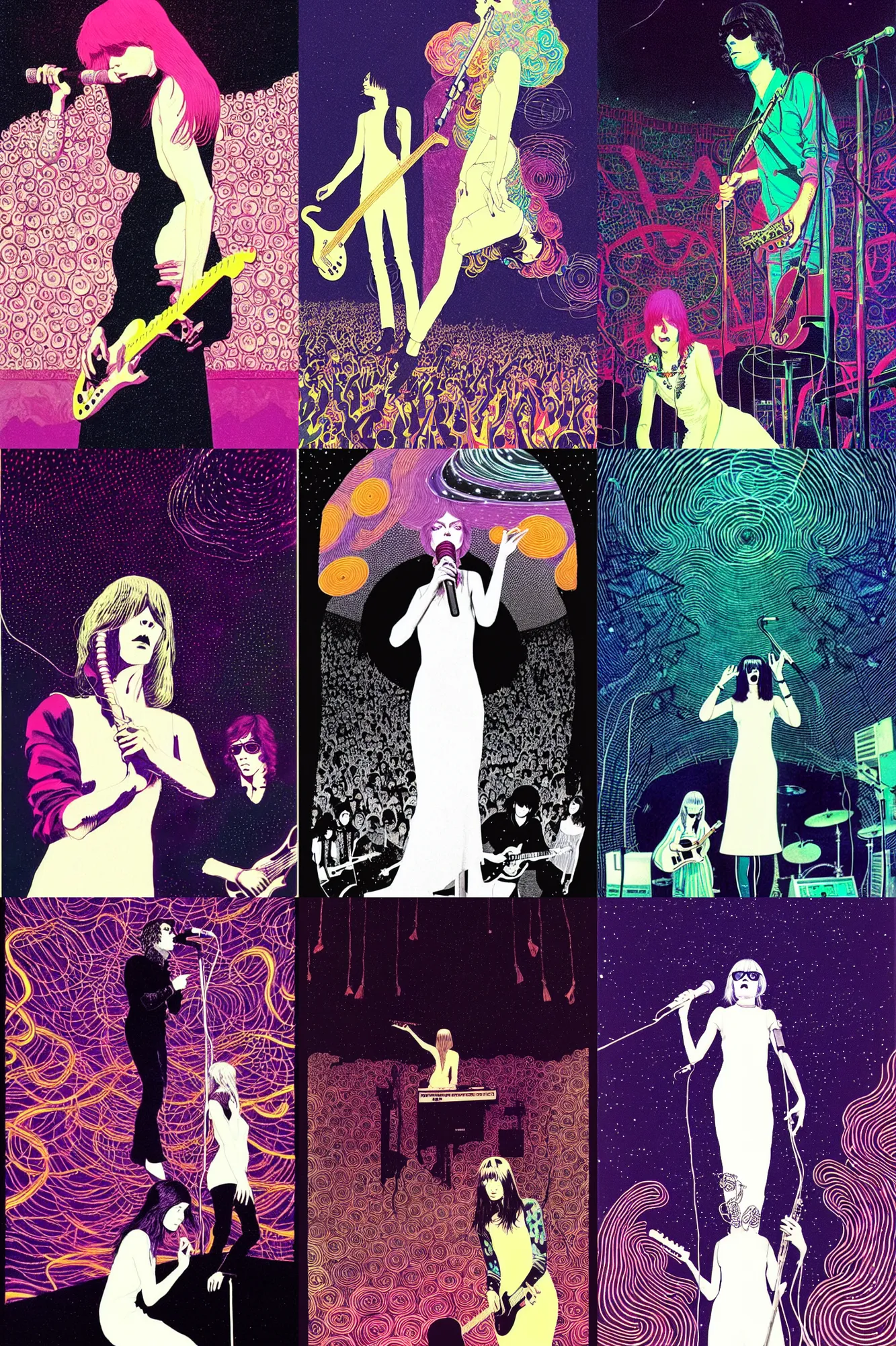 Prompt: the velvet underground playing live on stage in san francisco at a night club in 1 9 6 9, nico wearing a white dress, beautiful stage decoration in the background, art by victo ngai, very detailed and colorful, moody, relaxed, stoned, trending on artstation