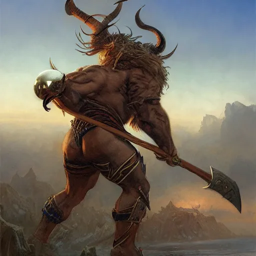 Image similar to huge smug minotaur wielding a greataxe, realistic art by donato giancola and greg rutkowski, digital art, trending on artstation