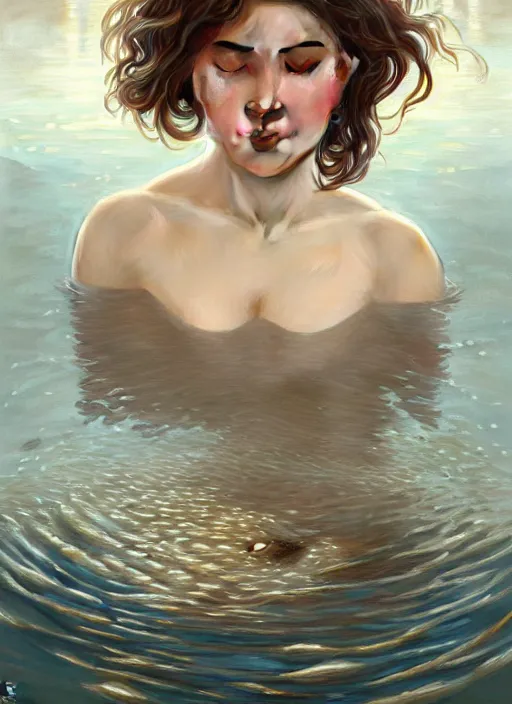 Image similar to full body portrait of a woman with short wavy hair, round face, cottagecore!!, lake water, submerged!!!, intricate, enlightened, highly detailed, digital painting, artstation, concept art, smooth, sharp focus, illustration, art by artgerm and greg rutkowski and alphonse mucha