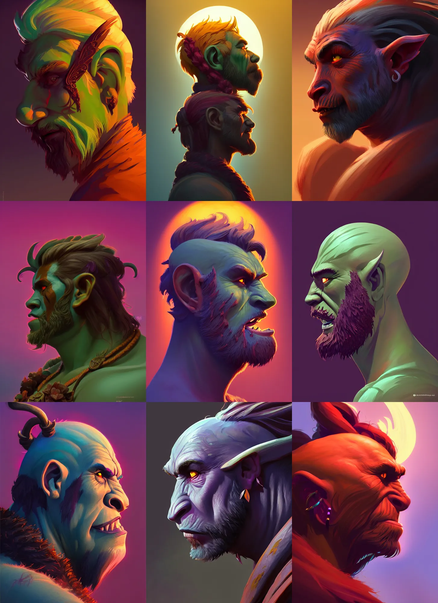 Prompt: side profile centered painted portrait, male orc druid, D&D, Gloomhaven, matte painting concept art, art nouveau, beautifully backlit, swirly vibrant color lines, fantastically gaudy, aesthetic octane render, 8K HD Resolution, by ilya kuvshinov and Cushart Krentz and Gilleard James