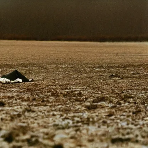 Image similar to george costanza in a barren wasteland, shot by andrei tarkovsky in his film stalker