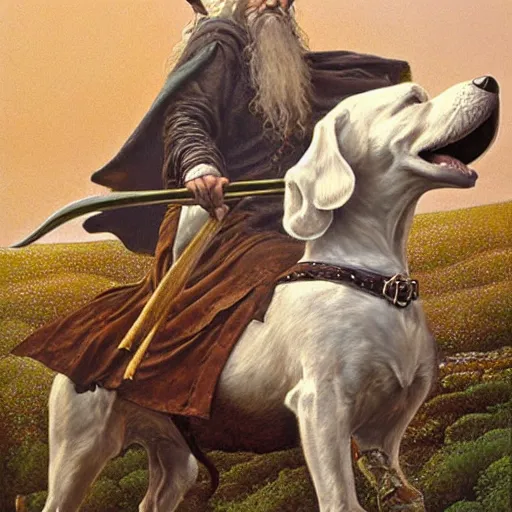 Image similar to Highly detailed oil painting of Gandalf the White riding a dachshund, intricate artwork by Angus McBride, John Howe, Matthew Stewart, Ted Nasmith, heroic fantasy