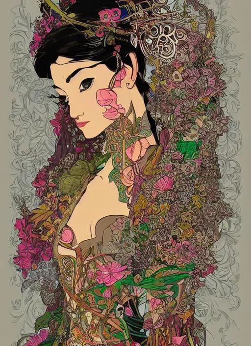 Image similar to !!! very coherent!!! beautiful floralpunk balinese cyborg portrait girl female illustration detailed patterns art of bali traditional dress, flower pop art, floral splash painting, art by geof darrow, ashley wood, alphonse mucha, makoto shinkai, dark shadow