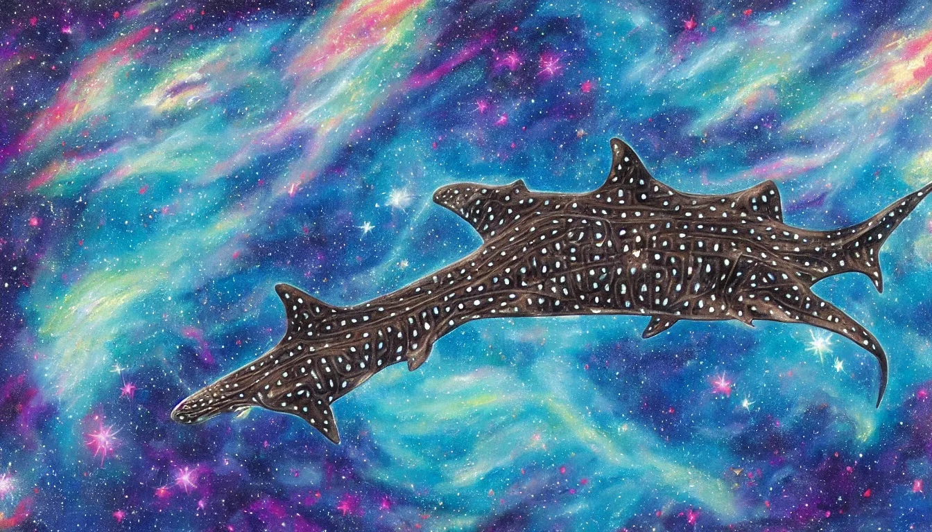 Image similar to oil painting of one whale shark flying in front of a colorful swirling galaxy, shimmering stars, milky way