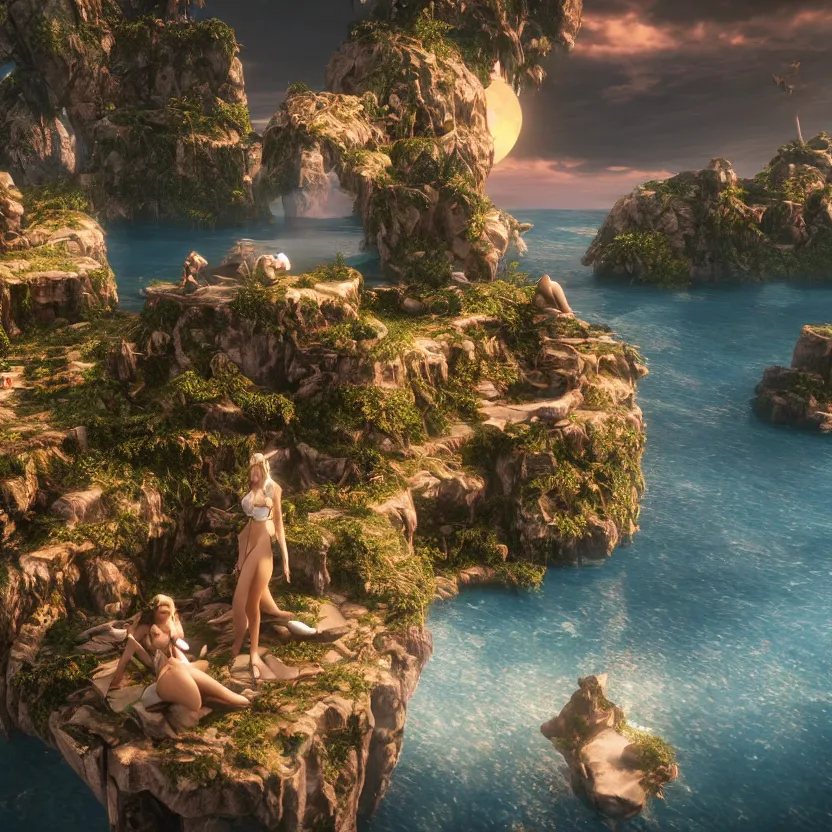 Image similar to unreal engine render, beautiful women on a floating island, detailed, cinematic, sunset, fantasy, 8 k, trending on artstation
