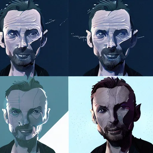 Image similar to Portrait of Thom Yorke half-human half-robot, mattepainting concept Blizzard pixar maya engine on stylized background splash comics global illumination lighting artstation lois van baarle, ilya kuvshinov, rossdraws