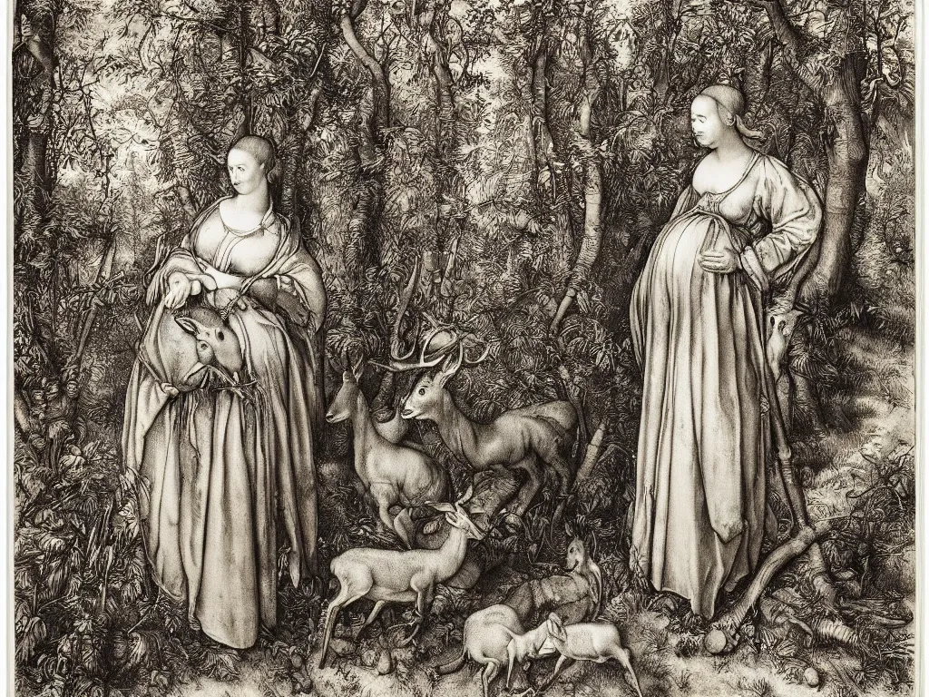 Image similar to portrait of a pregnant woman with deer in the forest. copper engraving by albrecht durer, august sander