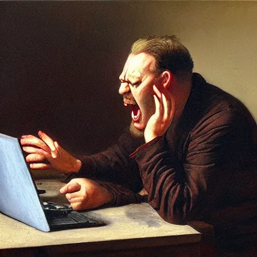 Image similar to an angry man yells at his computer monitor, oil on canvas, 1 8 8 3, highly detailed, high resolution