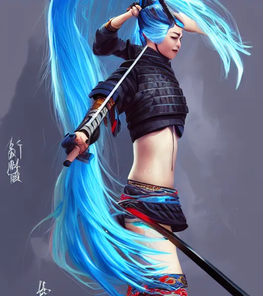 Image similar to a girl with blue hair holding a katana, samurai outfit, japanese clothes, ponytail, action shot, highly detailed, digital painting, artstation, concept art, smooth, sharp focus, kunoichi, illustration