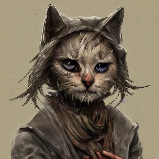 Image similar to dirty homeless humanoid cat wearing rags, concept art, d & d, fantasy, trending on artstation