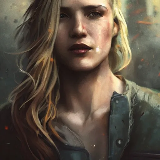 Prompt: fallout 5, charismatic beautiful rugged blonde female protagonist, portrait, outdoors ruined cityscape, atmospheric lighting, painted, intricate, volumetric lighting, beautiful, daytime, slight overcast weather, sharp focus, deep colours, ultra detailed, by leesha hannigan, ross tran, thierry doizon, kai carpenter, ignacio fernandez rios