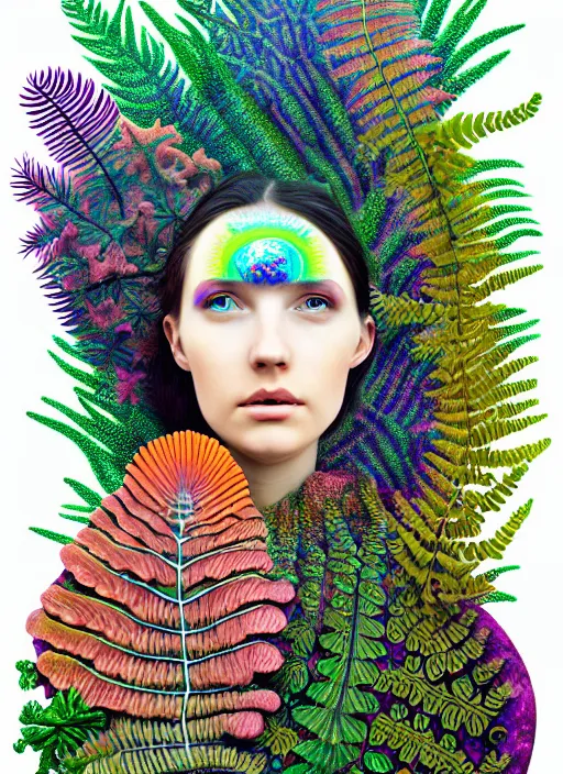 Prompt: ridiculously beautiful young woman tripping, psychedelics, ferns, coral, birds, symmetrical, in the style of ernst haeckel, effervescent, warm, hyperrealism, photo realistic,