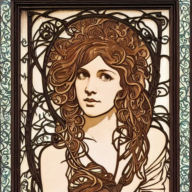 Prompt: a bas - relief wooden art nouveau sculpture of a young molly ringwald with long hair blowing in the wind, in front of a delicate tracery pattern, intricate and highly detailed, well - lit, ornate, realistic, by alphonse mucha