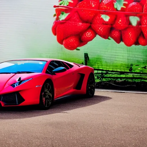 Prompt: a strawberry wearing glasses sitting on top of a red Lamborghini