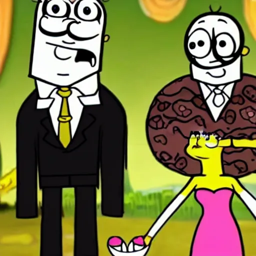 Prompt: a beautiful scrinshort of wedding couple in style of spongebob squarepants cartoon, coherent symmetrical faces