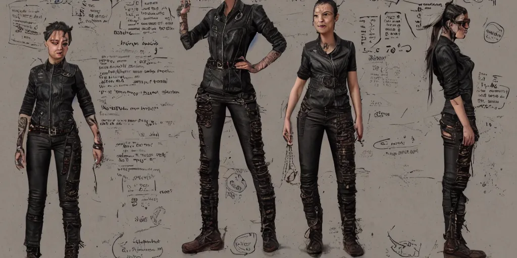 Image similar to female wanderer with tattooed arms and legs wearing an old scratched leather and ripped aviator leather jeans, wearing a short black jacket with rusty medals on it, character sheet, head details, props, concept design, contrast, kim jung gi, greg rutkowski, trending on artstation, 8 k, full body, turnaround, ultra wide angle, pincushion lens effect