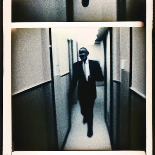 Prompt: A creepy polaroid of Obama chasing you in a narrow hallway