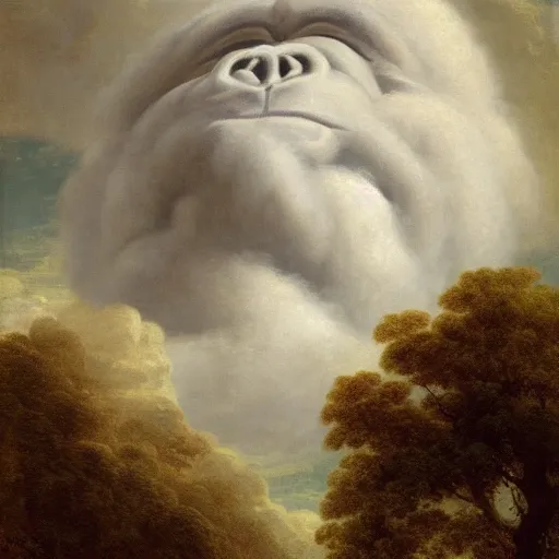 Prompt: A cloud that looks like Harambe, dreamlike, spiritual vision, detailed, 4K, artstation, by Benjamin West, Henri Fantin-Latour