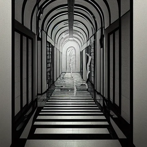 Image similar to “a disorienting white hallway and stairwell with many doors, confusing, creepy, eerie, doors, stairs, strange dimension, anime style, detailed background, trending on artstation”
