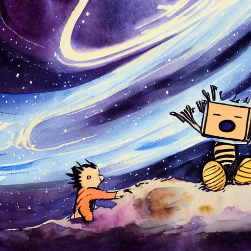 Prompt: interstellar travel, calvin & hobbes, incredible stars, watercolor, thick lines, 8 k, trending on artstation