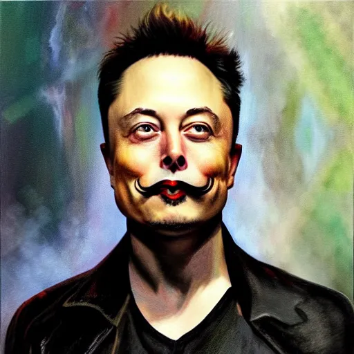 Prompt: grim-hatter elon musk with evil mustache grinning, cinematic, dark oil paint, realistic flavor, decaying rich colors!, photograph by elon musk