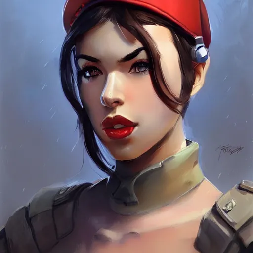 Prompt: portrait of beautiful muscilar girl with plump lips in team fortress 2 style, tragic, military art, concept art, fantasy, hd shot, digital portrait, beautiful, artstation, comic style, by artgerm, guy denning, jakub rozalski, magali villeneuve and charlie bowater