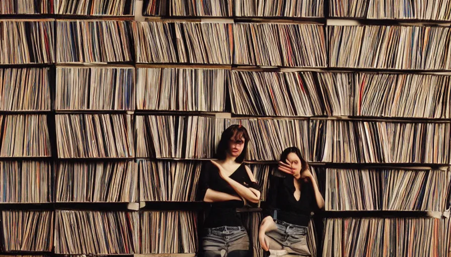 Prompt: angry women guarding a wall of records, synthesizers, turntables, vhs tapes, old books and computers, dark, realistic, intimidating