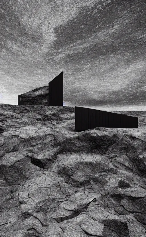 Prompt: tall black geometric house, embedded in lava cliff, full view, black house, molten metal house, minimal, rippled white landscape, dwarven architecture, light from molten iron, octane render, hyper realistic, 8 k, octane render,