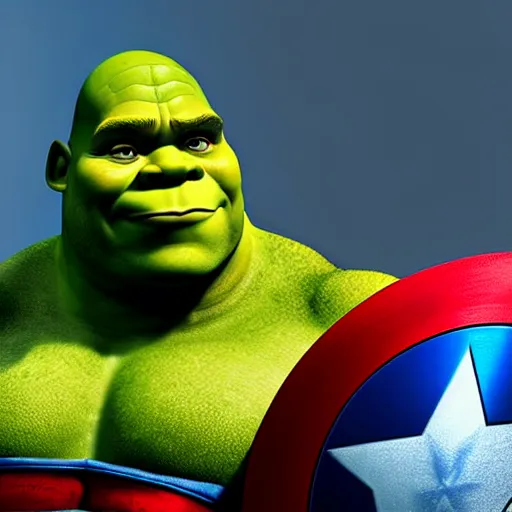 Image similar to digital painting of Shrek as Captain America, octane render, volumetric lightening, by marvel